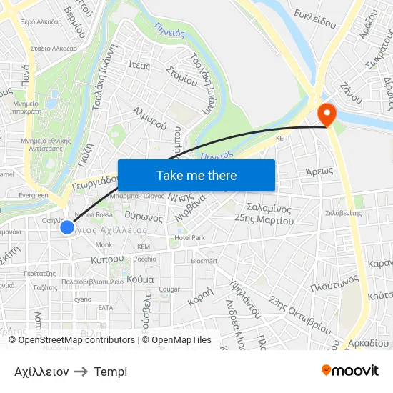 Αχίλλειον to Tempi map