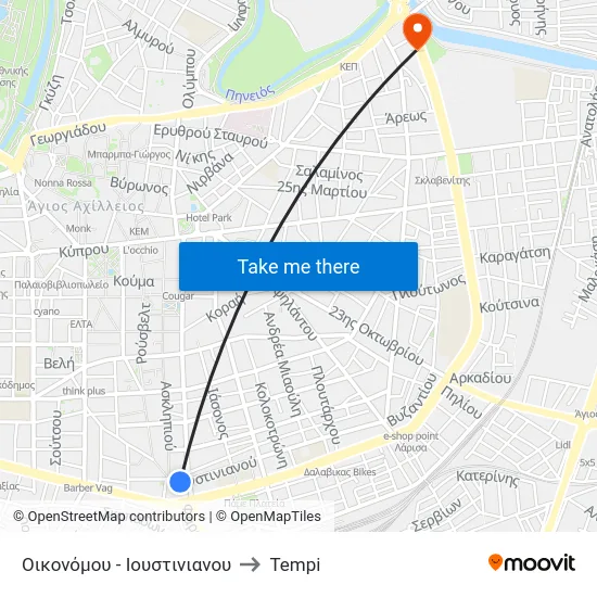 Οικονόμου - Ιουστινιανου to Tempi map