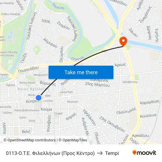 0113-Ο.Τ.Ε. Φιλελλήνων (Προς Κέντρο) to Tempi map