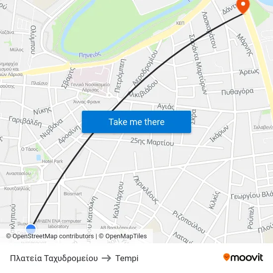 Πλατεία Ταχυδρομείου to Tempi map