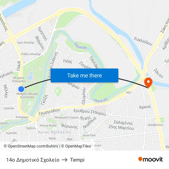 14ο Δημοτικό Σχολείο to Tempi map