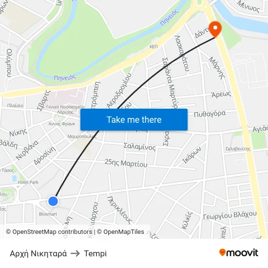 Αρχή Νικηταρά to Tempi map