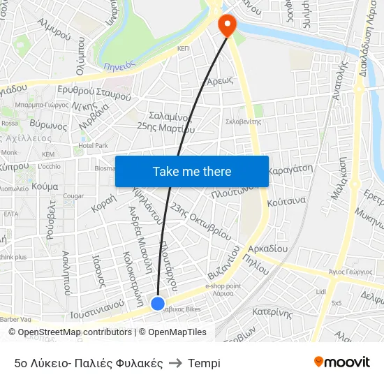 5ο Λύκειο- Παλιές Φυλακές to Tempi map