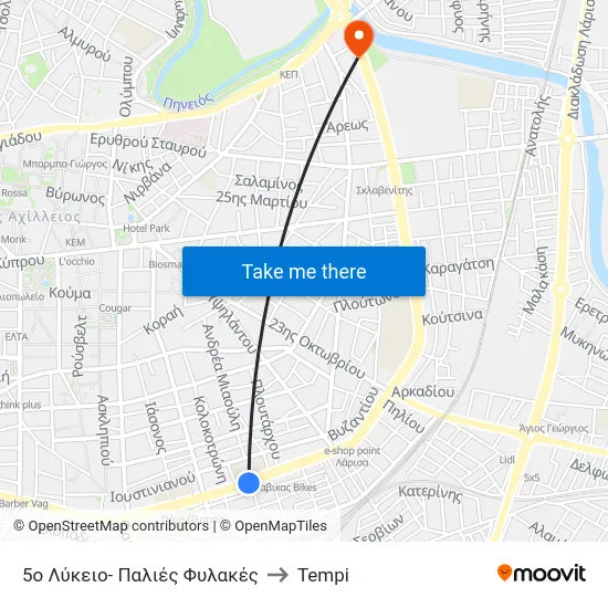 5ο Λύκειο- Παλιές Φυλακές to Tempi map