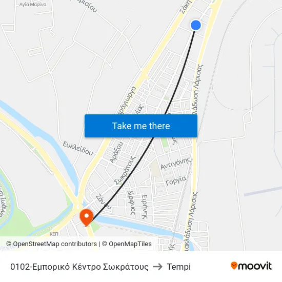 0102-Εμπορικό Κέντρο Σωκράτους to Tempi map