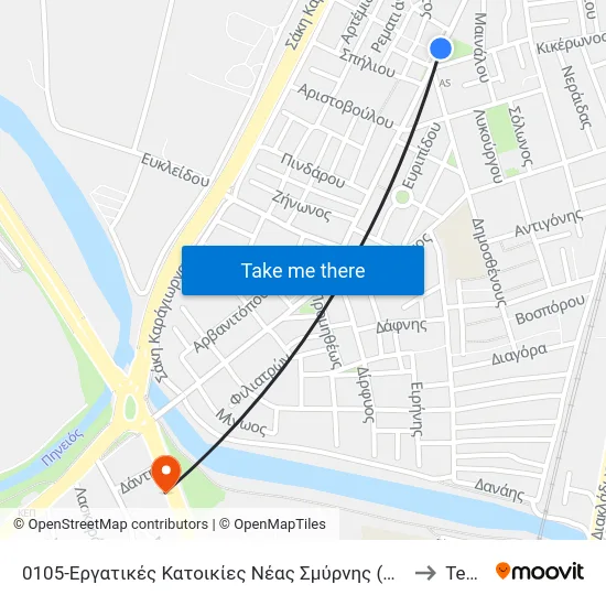 0105-Εργατικές Κατοικίες Νέας Σμύρνης (Προς Κέντρο) to Tempi map