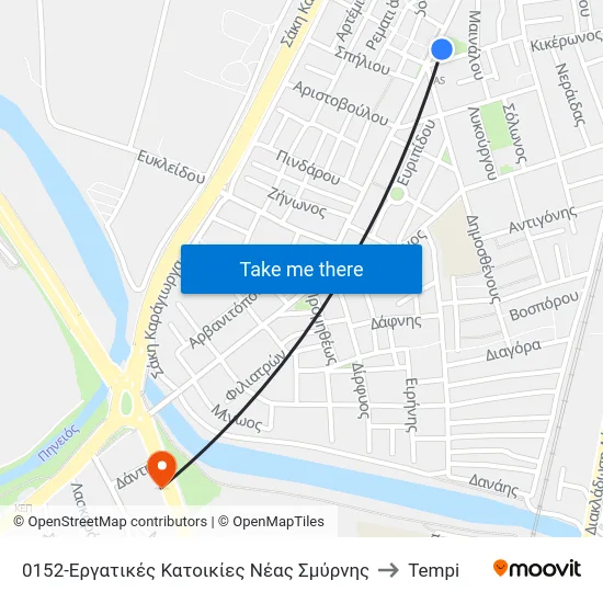 0152-Εργατικές Κατοικίες Νέας Σμύρνης to Tempi map