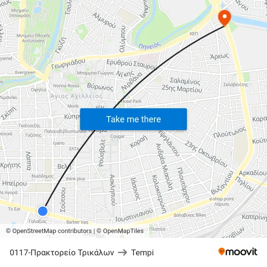 0117-Πρακτορείο Τρικάλων to Tempi map