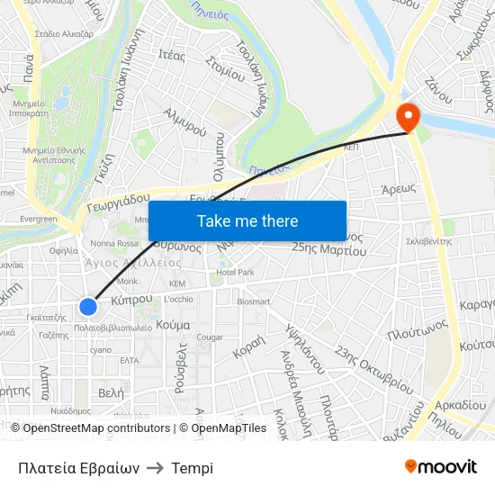 Πλατεία Εβραίων to Tempi map
