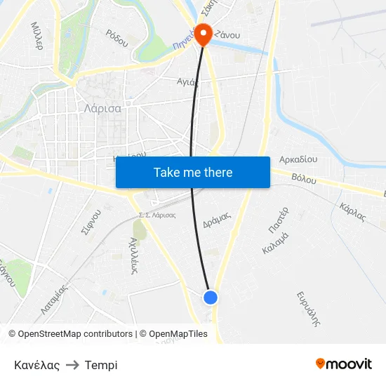 Κανέλας to Tempi map