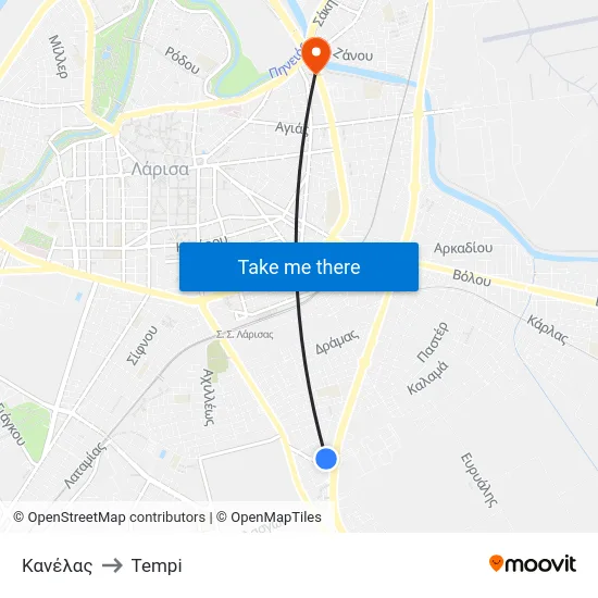 Κανέλας to Tempi map