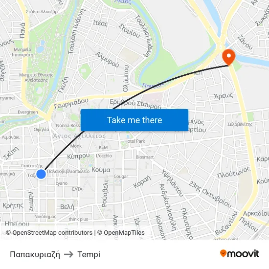 Παπακυριαζή to Tempi map