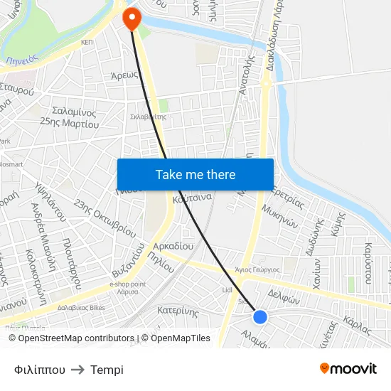 Φιλίππου to Tempi map