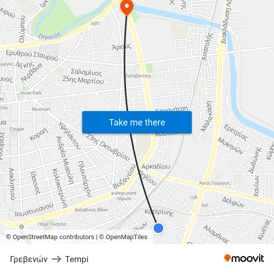 Γρεβενών to Tempi map