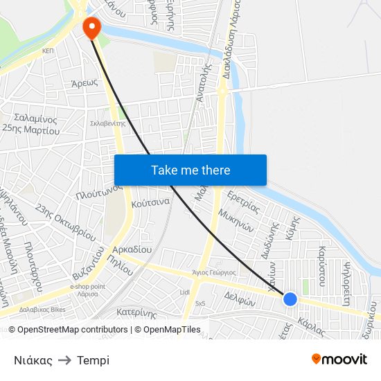 Νιάκας to Tempi map