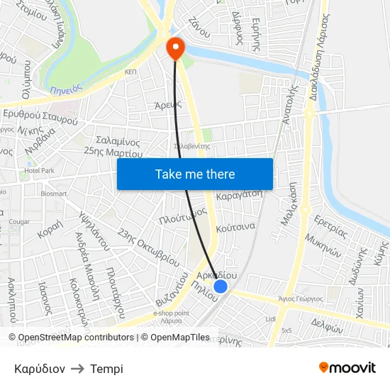 Καρύδιον to Tempi map