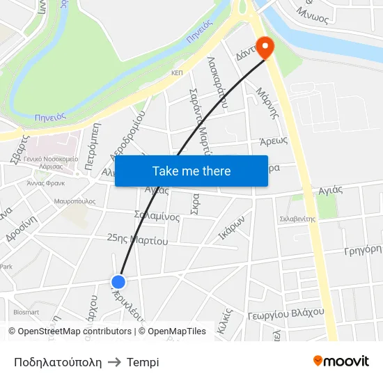 Ποδηλατούπολη to Tempi map