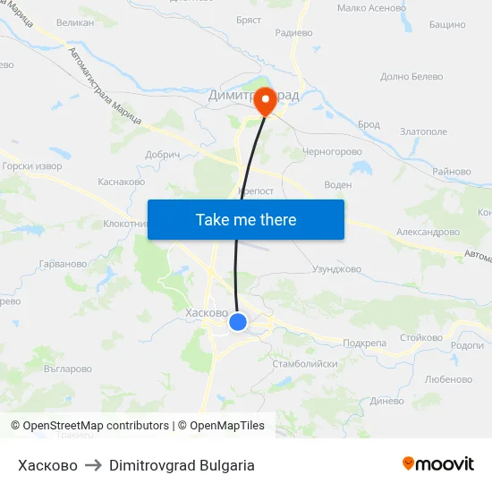 Haskovo to Dimitrovgrad Bulgaria map