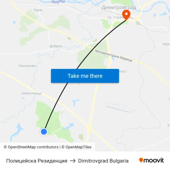 Полицейска Резиденция to Dimitrovgrad Bulgaria map