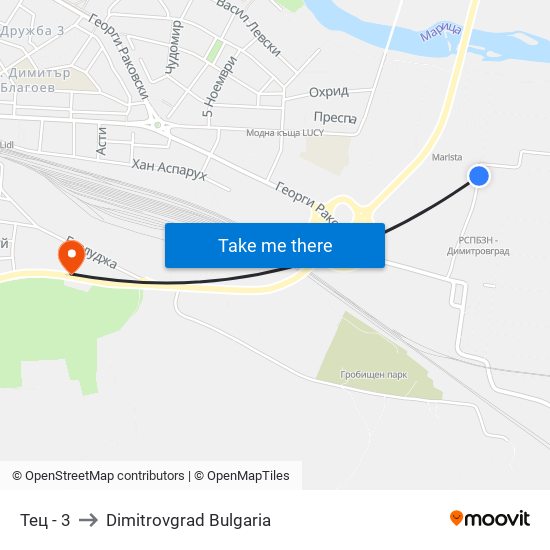 Тец - 3 to Dimitrovgrad Bulgaria map