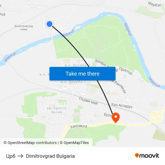 Црб to Dimitrovgrad Bulgaria map
