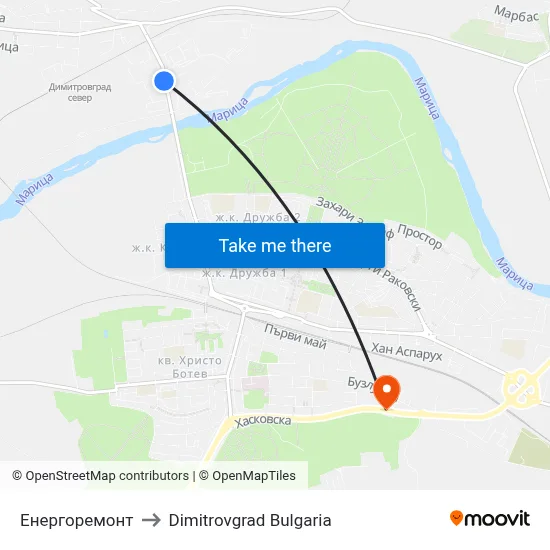 Енергоремонт to Dimitrovgrad Bulgaria map