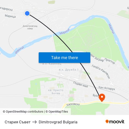 Стария Съвет to Dimitrovgrad Bulgaria map