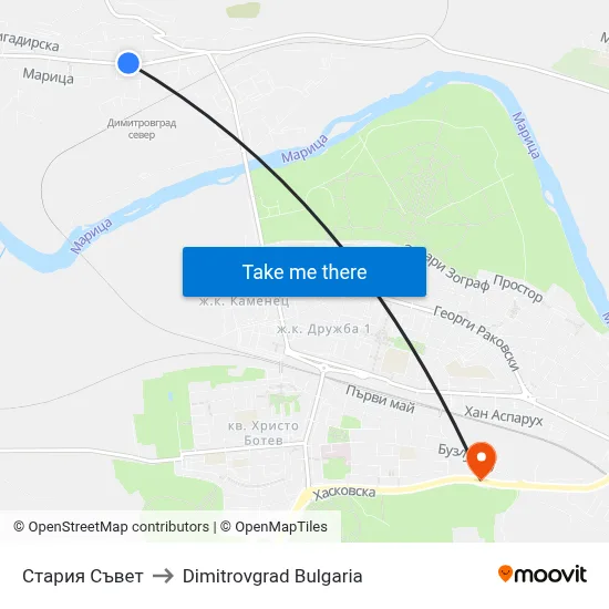 Стария Съвет to Dimitrovgrad Bulgaria map