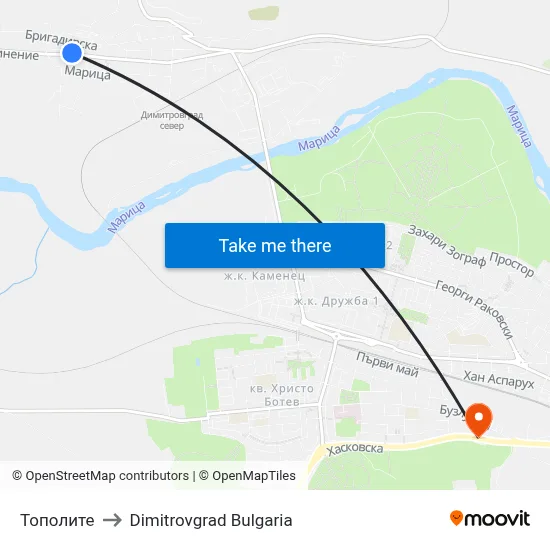 Тополите to Dimitrovgrad Bulgaria map