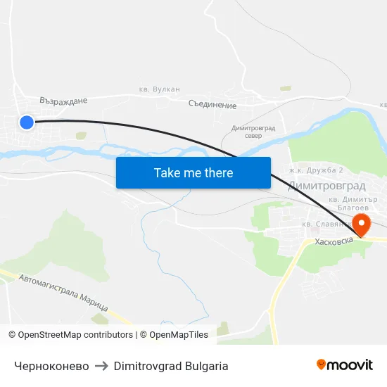 Черноконево to Dimitrovgrad Bulgaria map