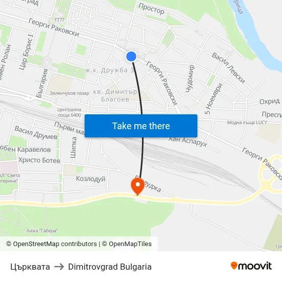 Църквата to Dimitrovgrad Bulgaria map