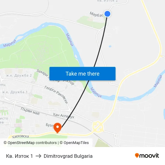 Кв. Изток 1 to Dimitrovgrad Bulgaria map
