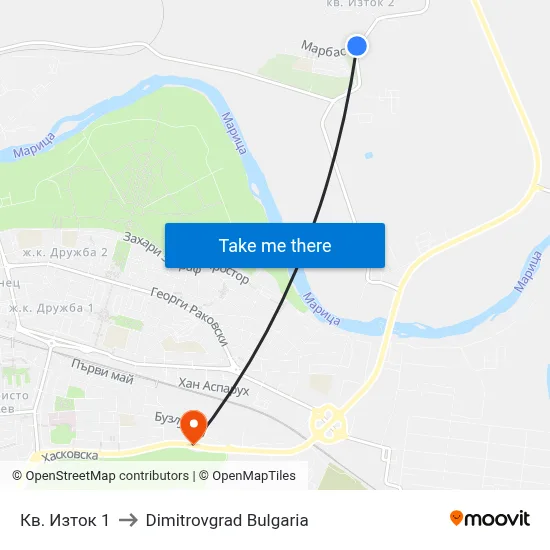 Кв. Изток 1 to Dimitrovgrad Bulgaria map