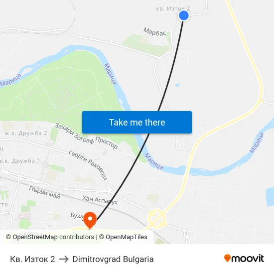 Кв. Изток 2 to Dimitrovgrad Bulgaria map