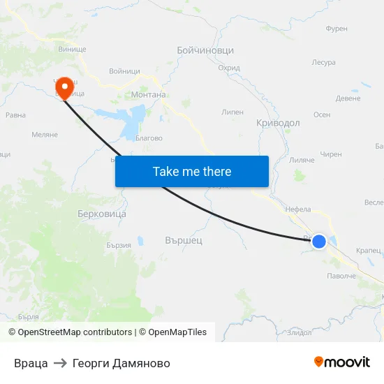 Враца to Георги Дамяново map