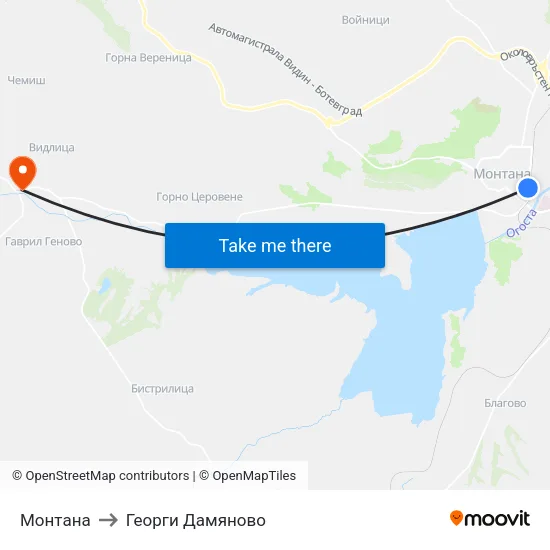Монтана to Георги Дамяново map