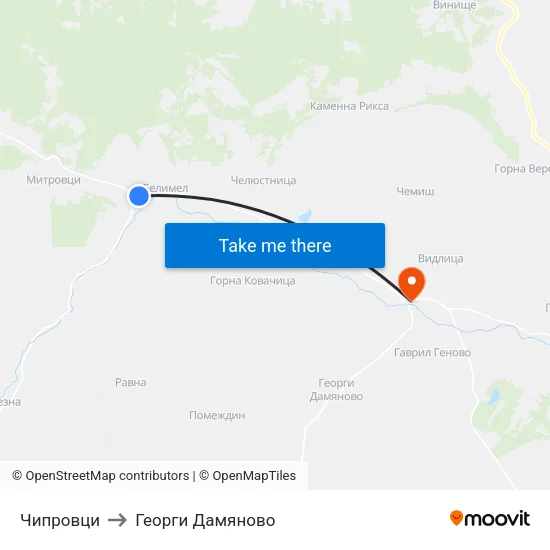 Чипровци to Георги Дамяново map