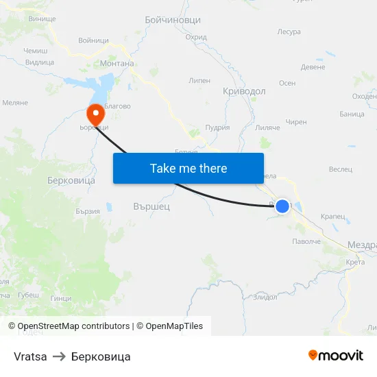 Vratsa to Берковица map