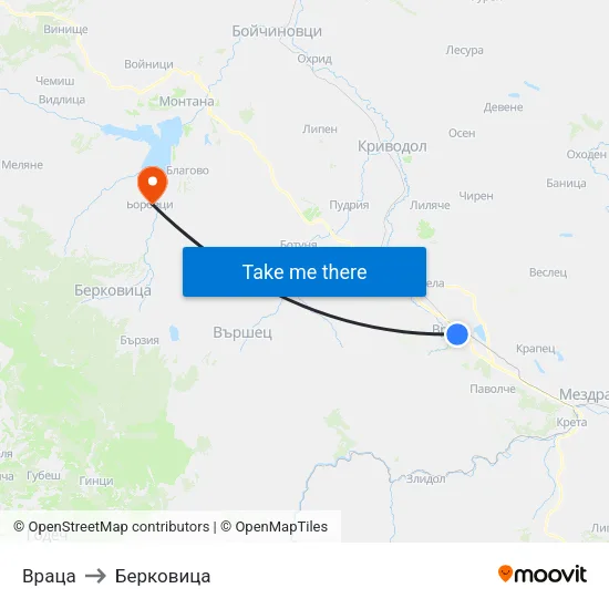 Враца to Берковица map