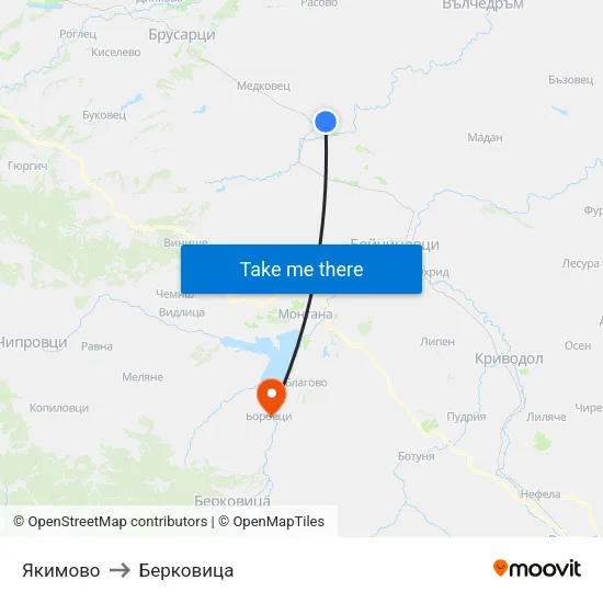 Якимово to Берковица map