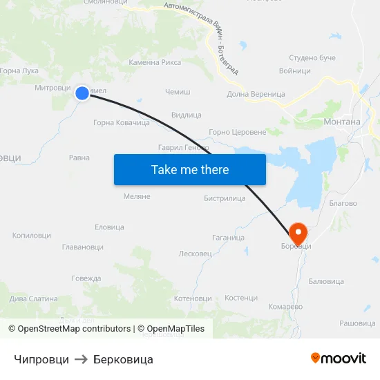 Чипровци to Берковица map