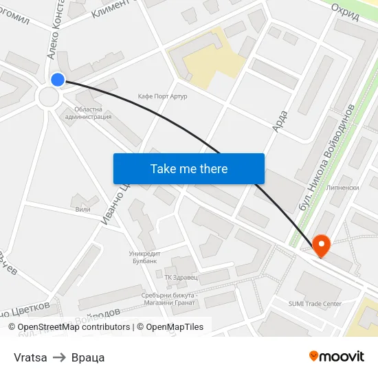 Vratsa to Враца map