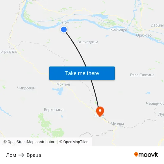 Лом to Враца map