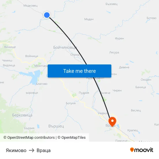 Якимово to Враца map