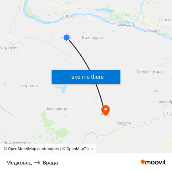Медковец to Враца map