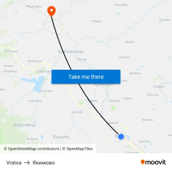 Vratsa to Якимово map