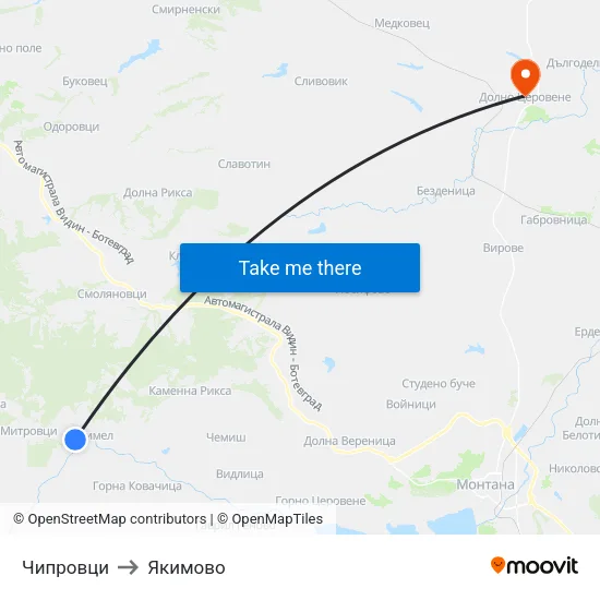Чипровци to Якимово map