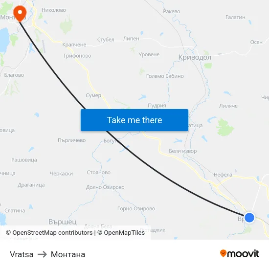Vratsa to Монтана map