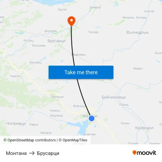 Монтана to Брусарци map