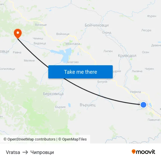 Vratsa to Чипровци map